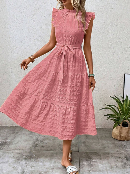 Tied Ruffled Cap Sleeve Midi Dress-Angel Casuals