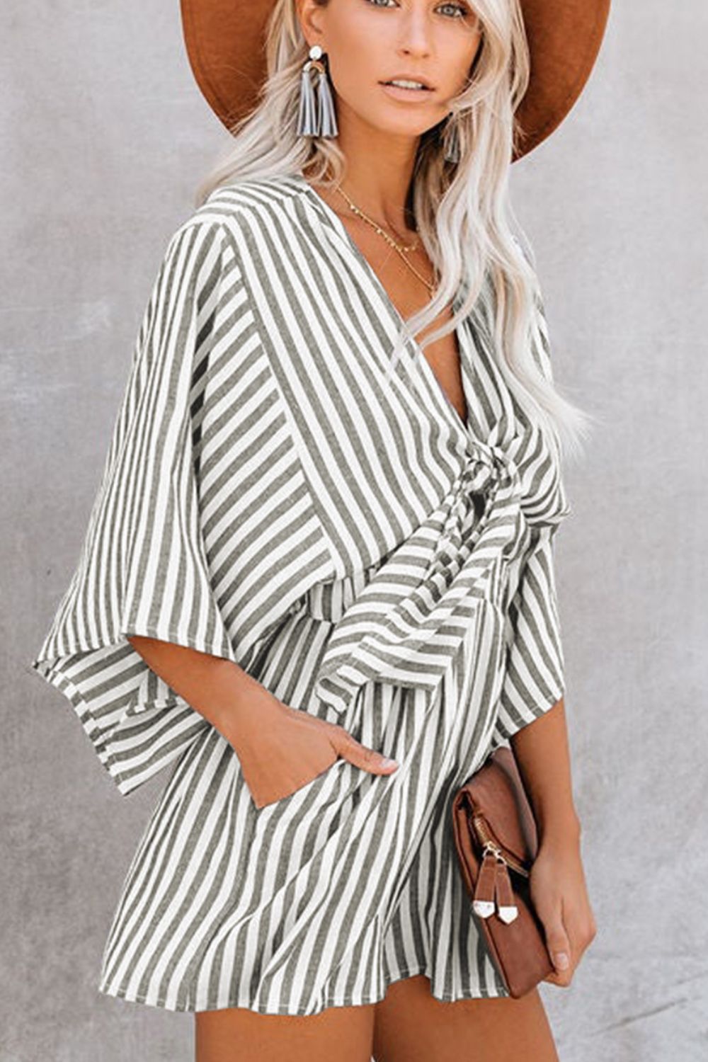 Bow Striped Kimono Sleeve Romper-Angel Casuals