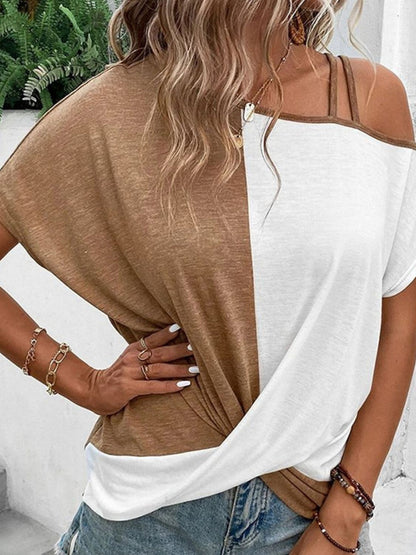 Contrast Asymmetrical Neck Short Sleeve T-Shirt-Angel Casuals