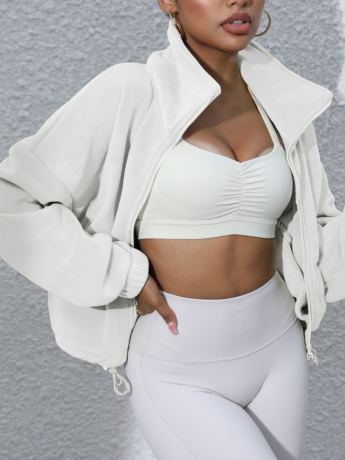 Drawstring Turtleneck Zip Up Long Sleeve Jacket-Angel Casuals