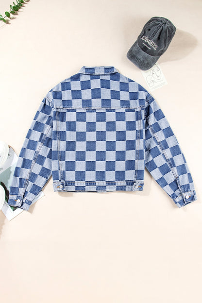 Checkered Button Up Long Sleeve Denim Jacket-Angel Casuals