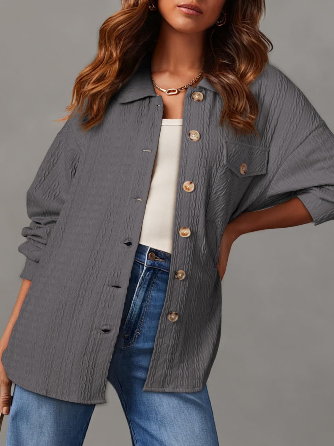 Textured Button Up Long Sleeve Shacket-Angel Casuals