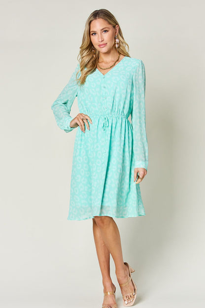 Double Take Full Size Printed Ruched V-Neck Long Sleeve Dress-Angel Casuals