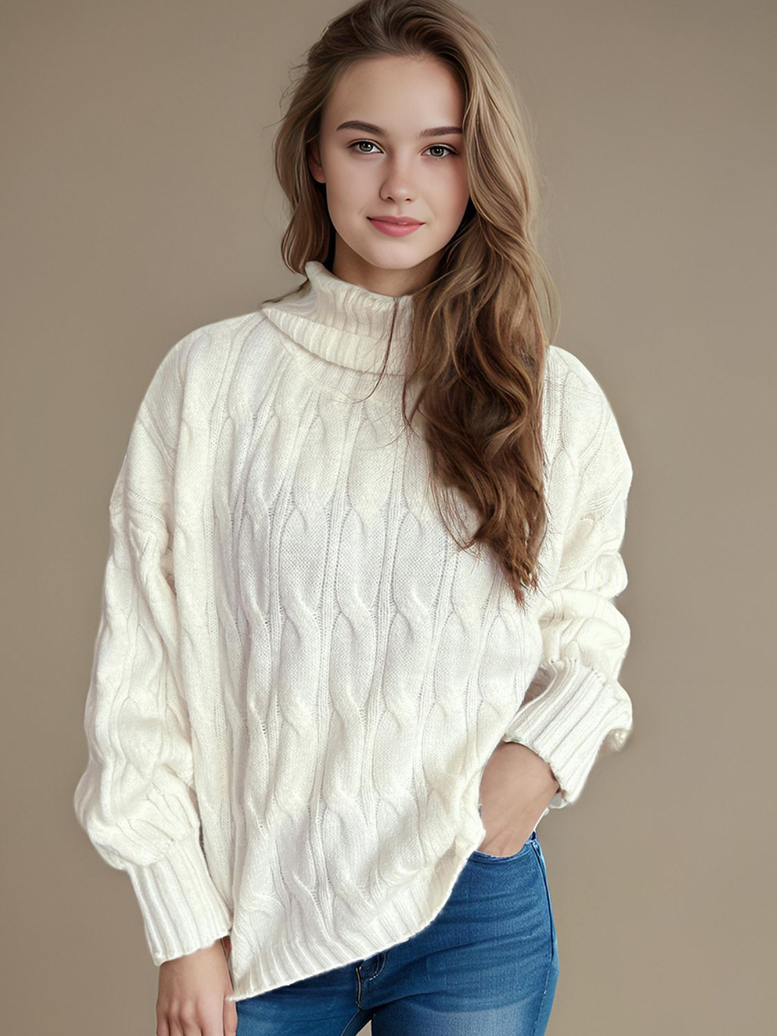 Cable-Knit Turtleneck Long Sleeve Sweater-Angel Casuals