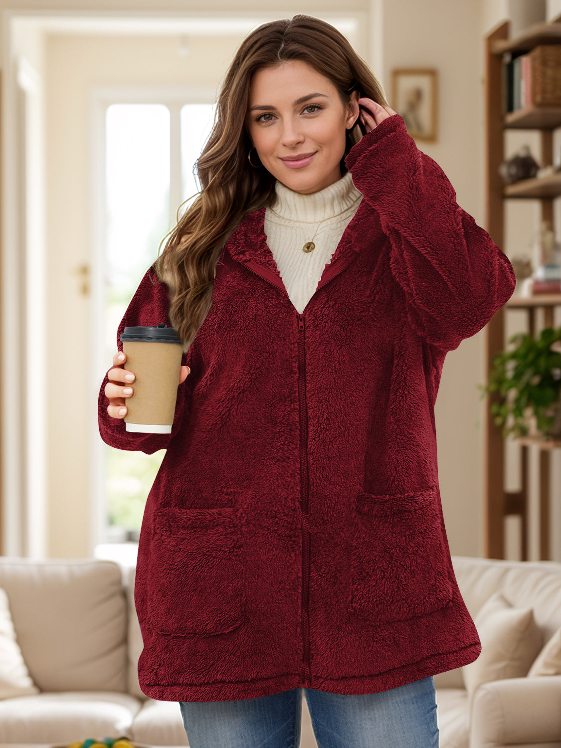 Plus Size Zip Up Long Sleeve Hooded Outerwear-Angel Casuals