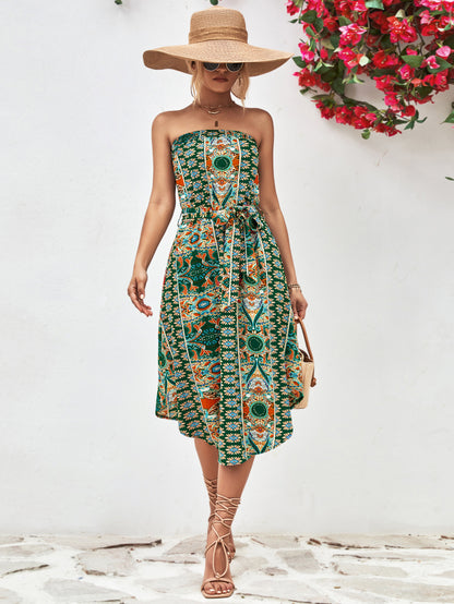 Printed Strapless Tie Belt Dress-Angel Casuals