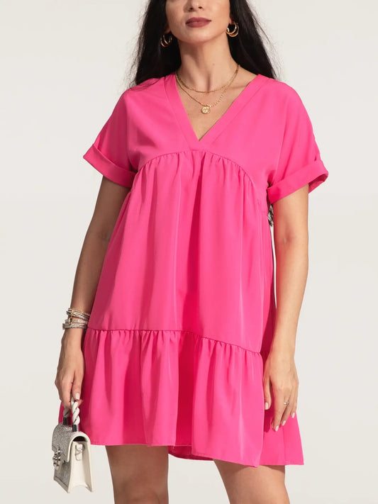 V-Neck Short Sleeve Ruffle Hem Dress-Angel Casuals