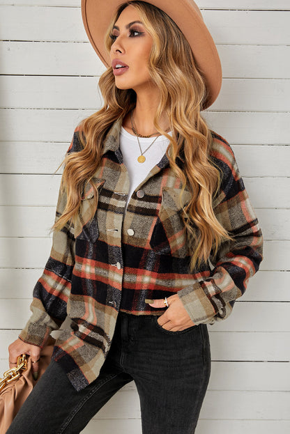 Plaid Pocketed Button Down Shacket-Angel Casuals