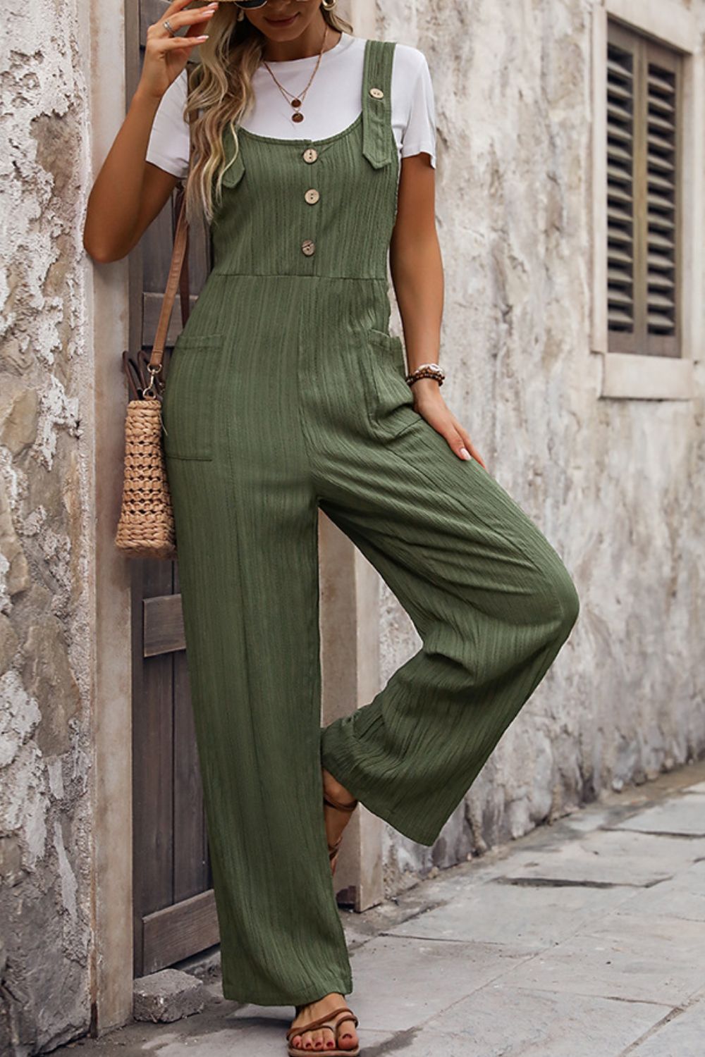 Textured Pocketed Wide Strap Overalls-Angel Casuals