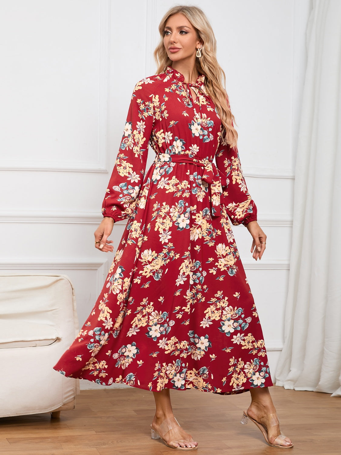 Floral Tie Front Balloon Sleeve Dress-Angel Casuals