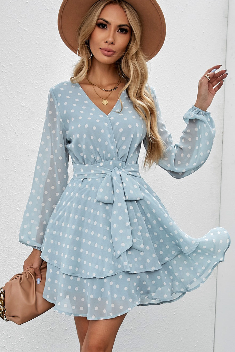 Tied Layered Polka Dot Balloon Sleeve Dress-Angel Casuals