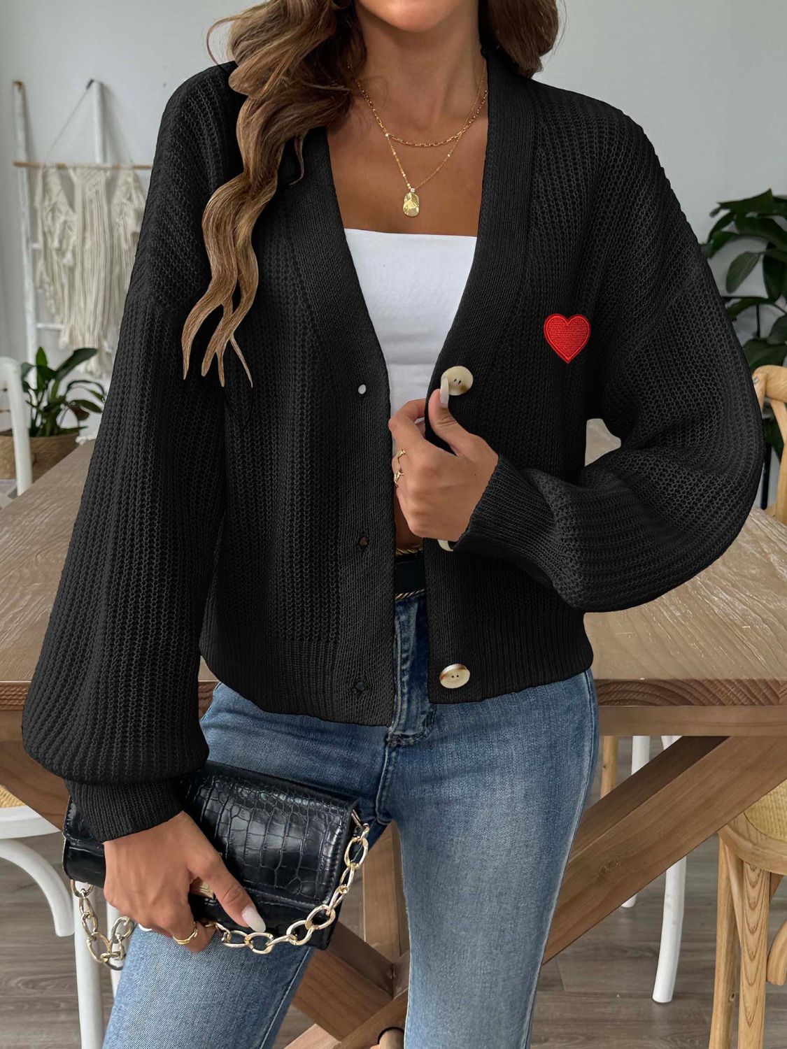 Heart Button Down V-Neck Long Sleeve Cardigan-Angel Casuals