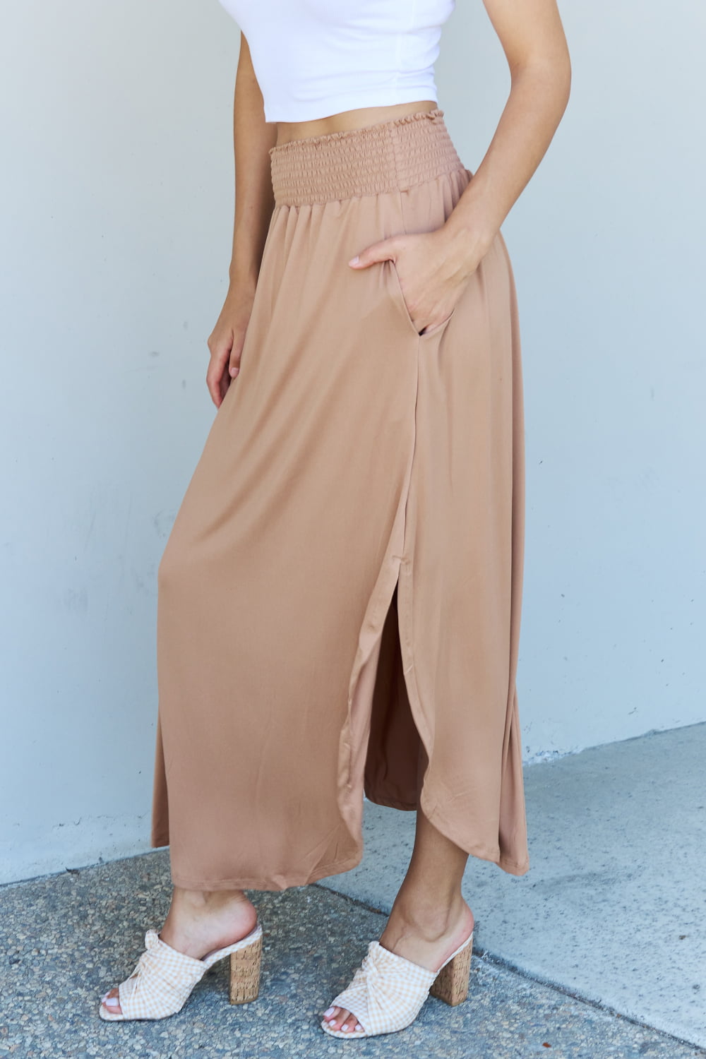 Doublju Comfort Princess Full Size High Waist Scoop Hem Maxi Skirt in Tan-Angel Casuals