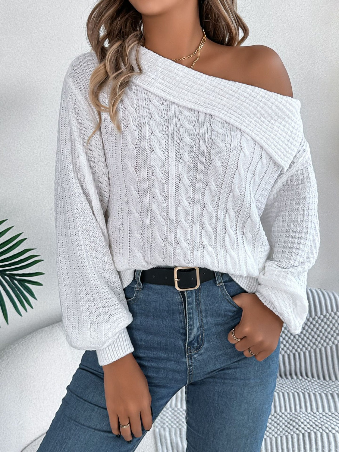 Cable-Knit One Shoulder Long Sleeve Sweater-Angel Casuals