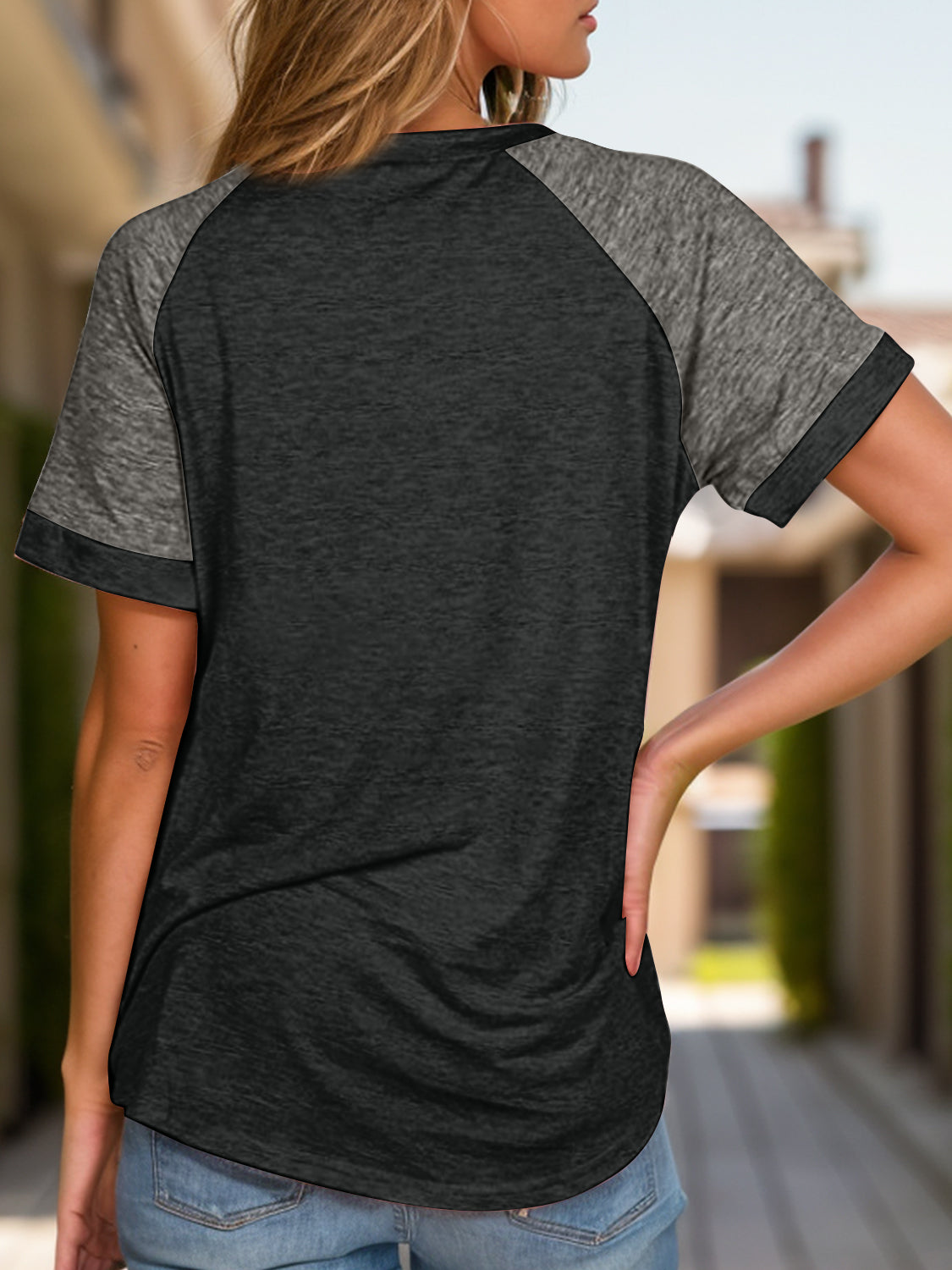 Full Size Contrast Round Neck Short Sleeve T-Shirt-Angel Casuals