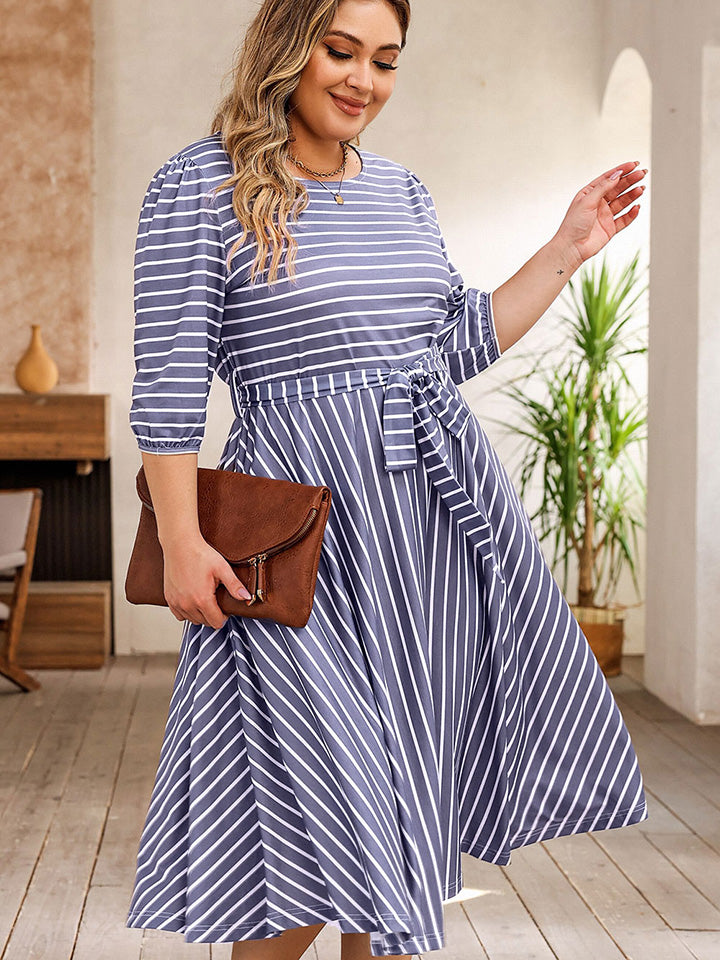 Plus Size Round Neck Striped Tie Waist Dress-Angel Casuals