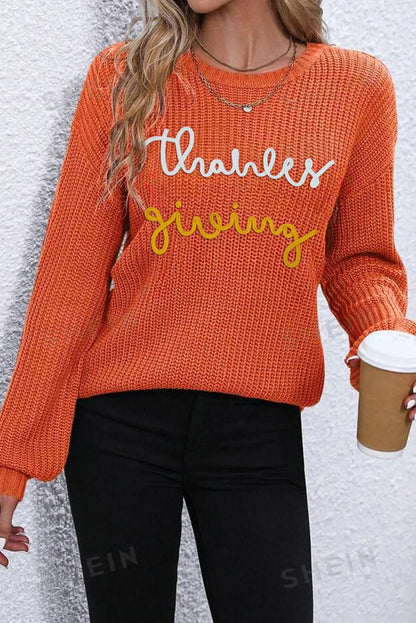 THANKSGIVING Round Neck Long Sleeve Sweater-Angel Casuals