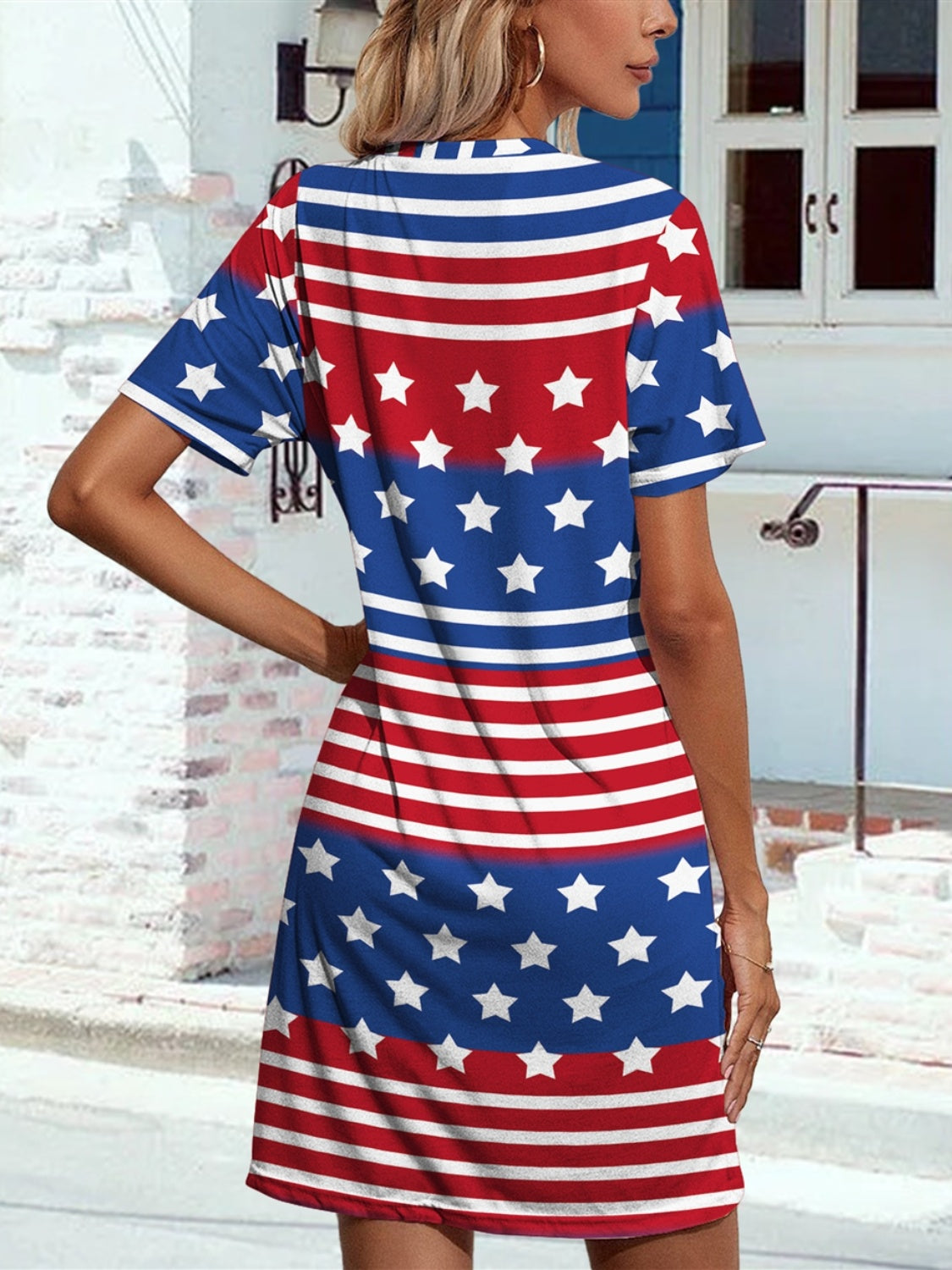 Pocketd US Flag Printed Short Sleeve Dress-Angel Casuals