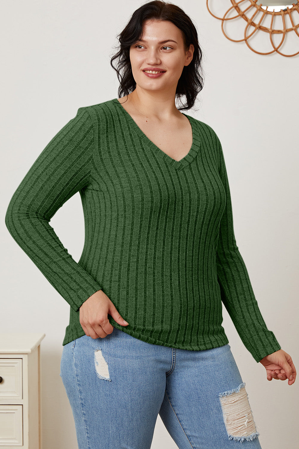 Basic Bae Full Size Ribbed V-Neck Long Sleeve T-Shirt-Angel Casuals