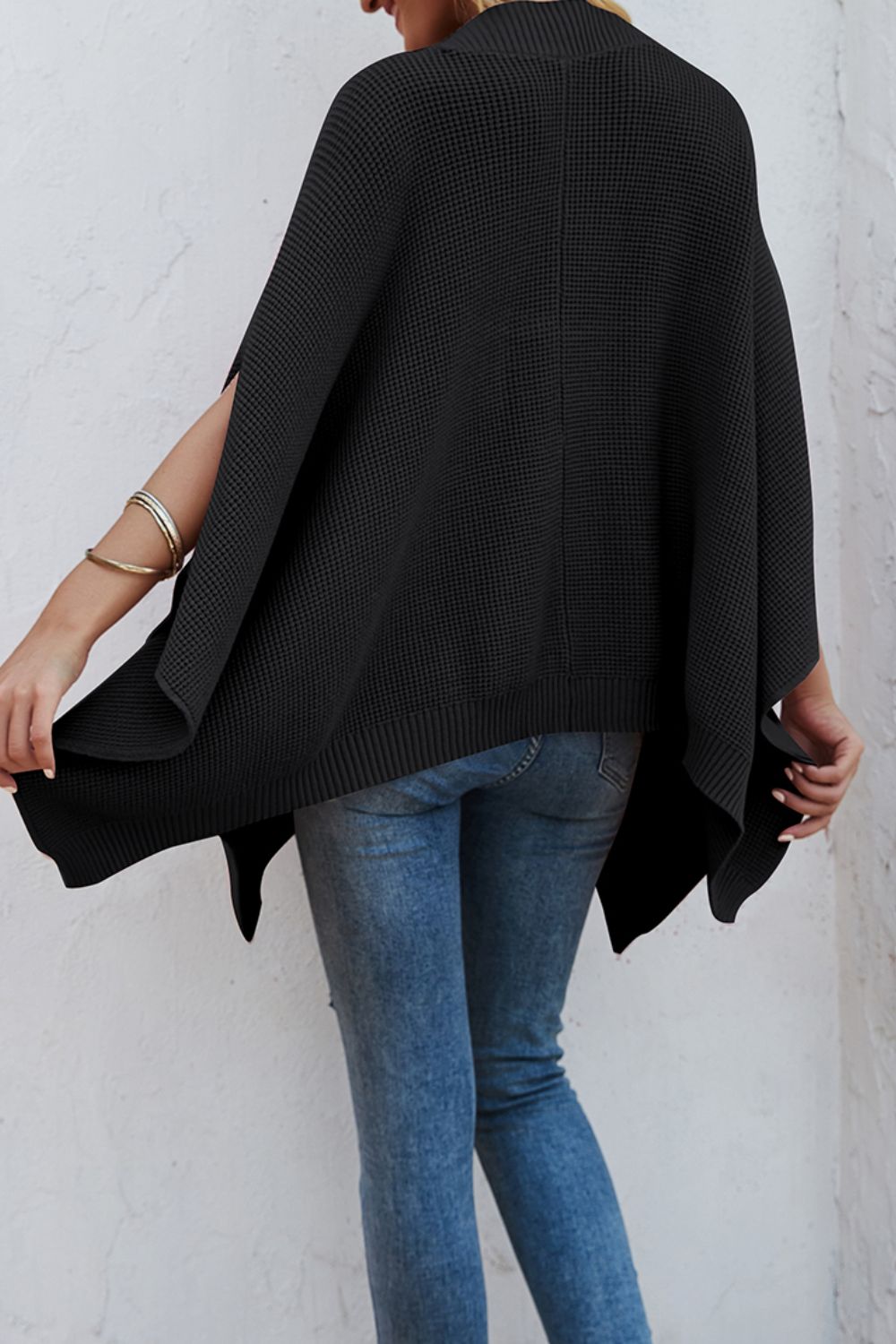 Waffle-Knit Pocketed Cape Sleeve Sweater-Angel Casuals