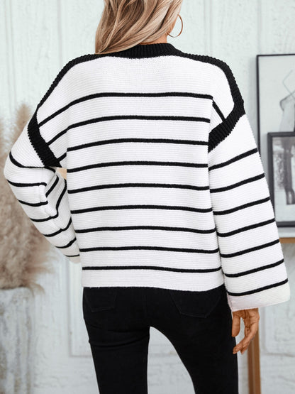 Striped Round Neck Long Sleeve Sweater-Angel Casuals