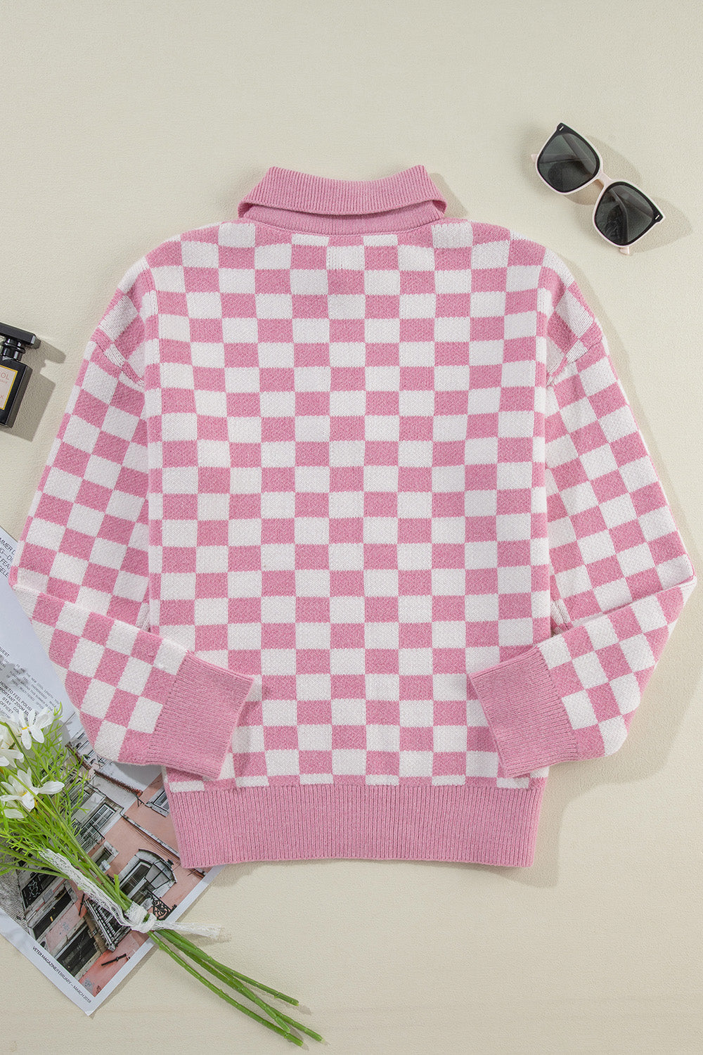 Checkered Collared Neck Dropped Shoulder Sweater-Angel Casuals