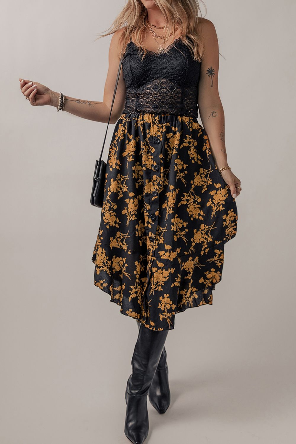 Floral Buttoned Ruffle Hem Skirt-Angel Casuals