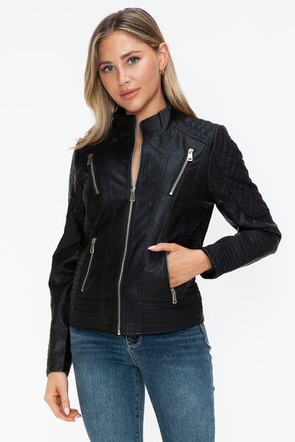 Snobbish Faux Leather Zip Up Mock Neck Jacket-Angel Casuals