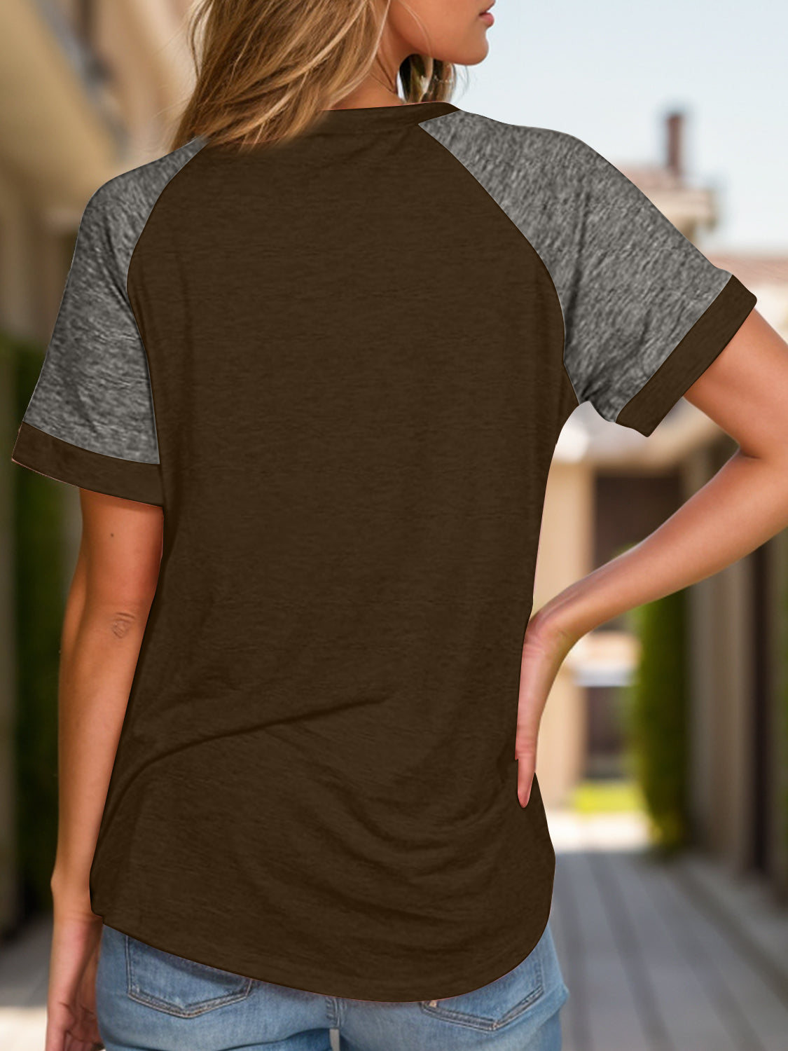 Full Size Contrast Round Neck Short Sleeve T-Shirt-Angel Casuals