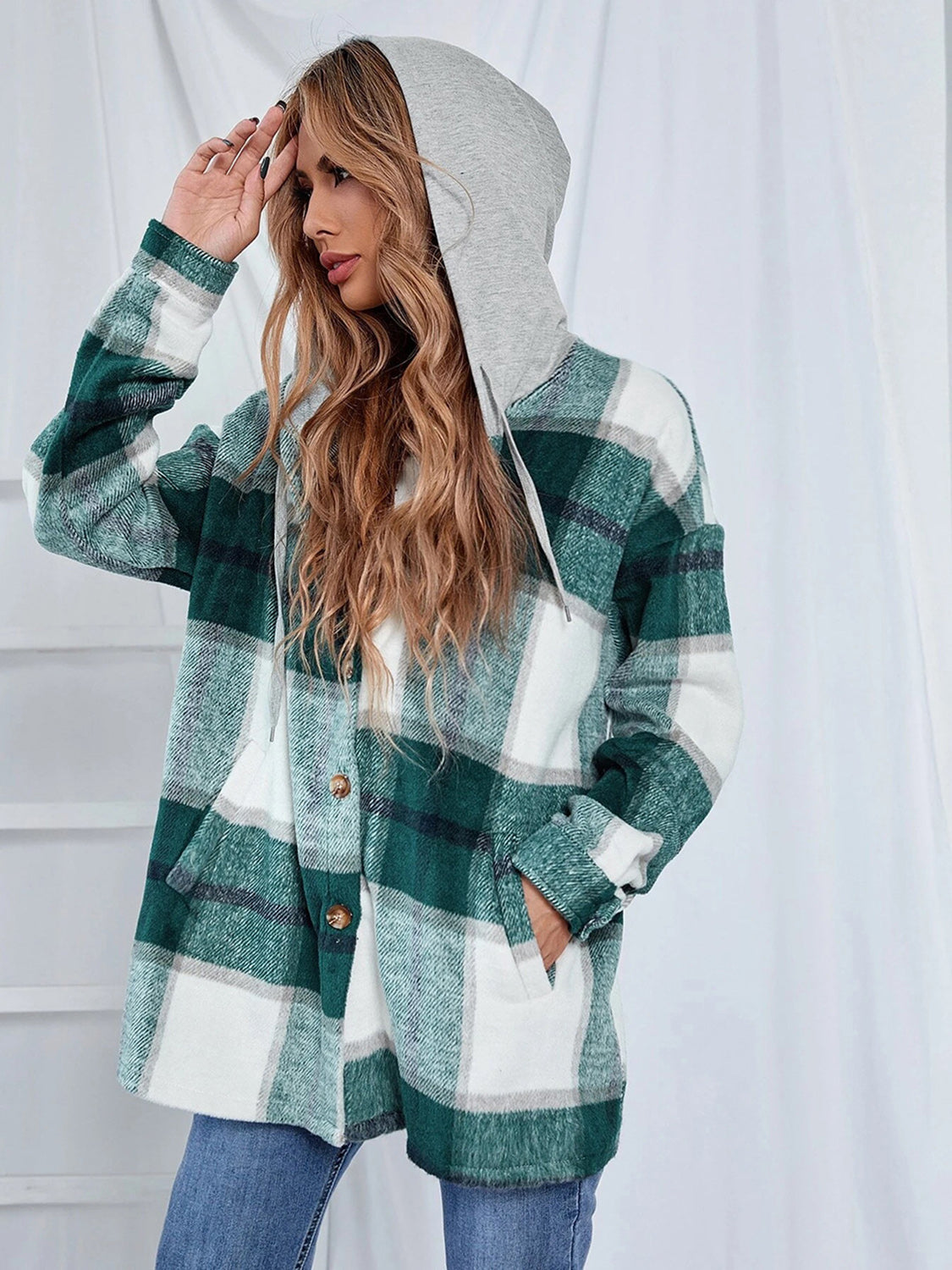 Plaid Hooded Jacket with Pockets-Angel Casuals
