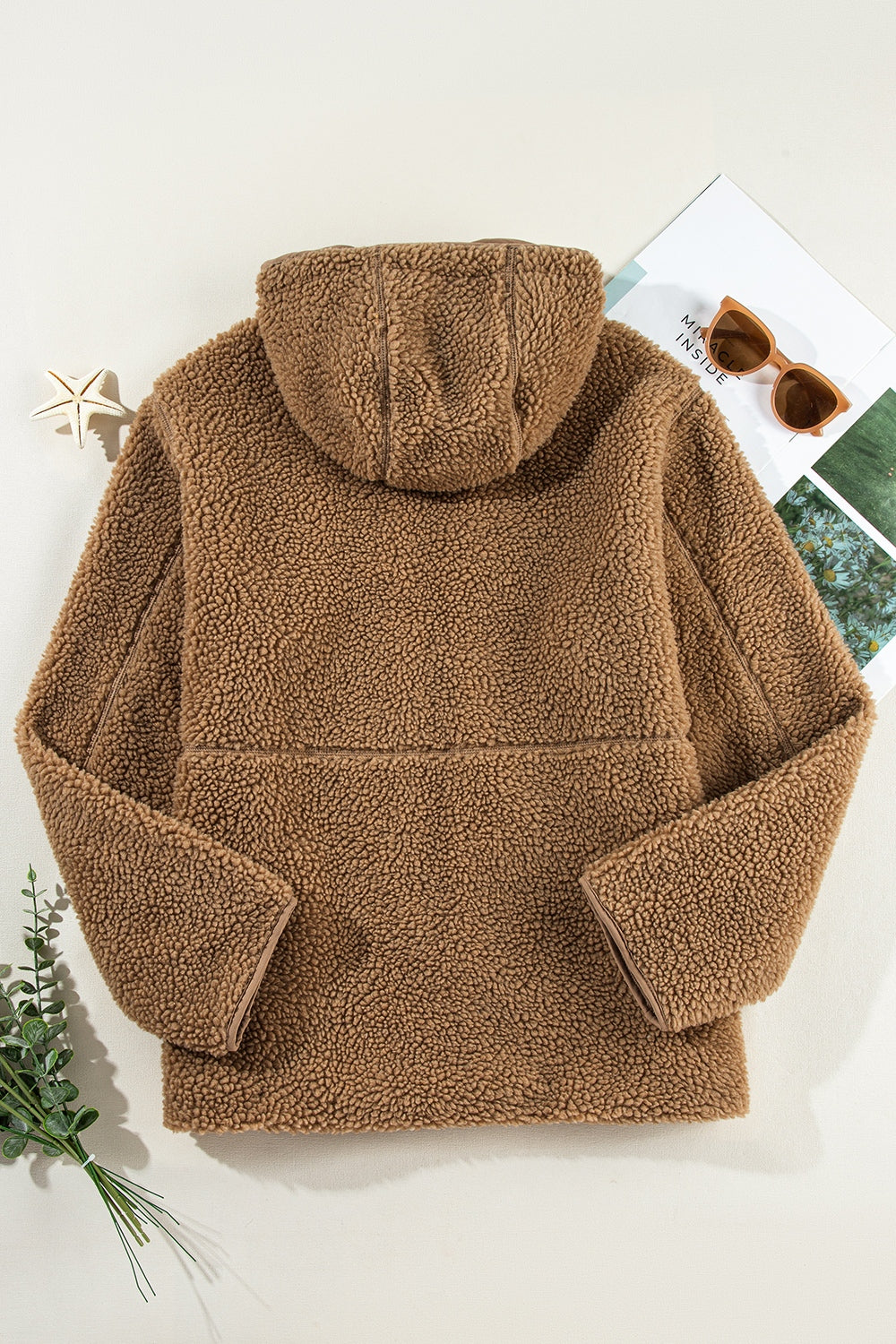 Drawstring Fleece Zip Up Hooded Jacket-Angel Casuals