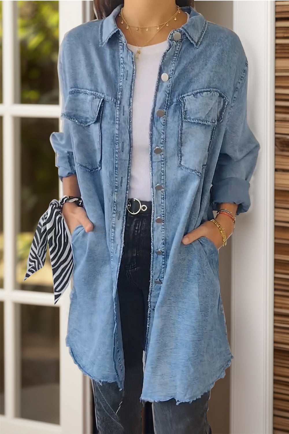 Full Size Pocketed Button Up Long Sleeve Denim Jacket-Angel Casuals