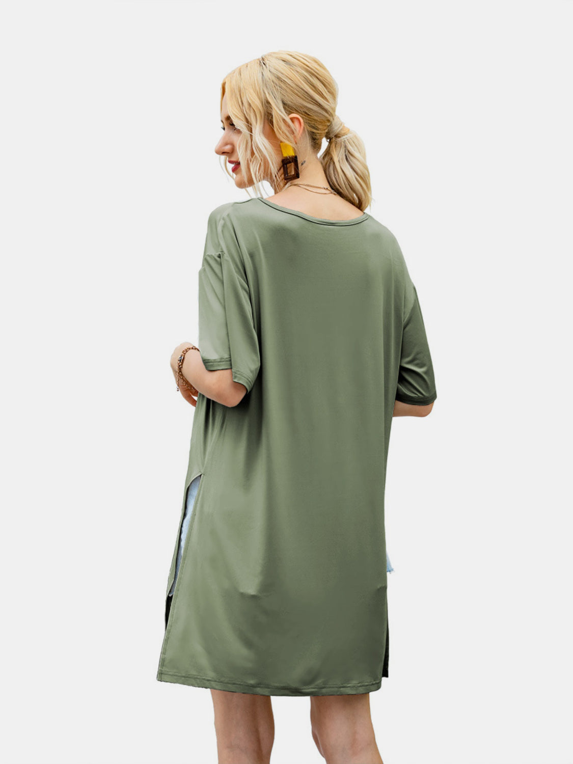 Slit Boat Neck Half Sleeve T-Shirt-Angel Casuals