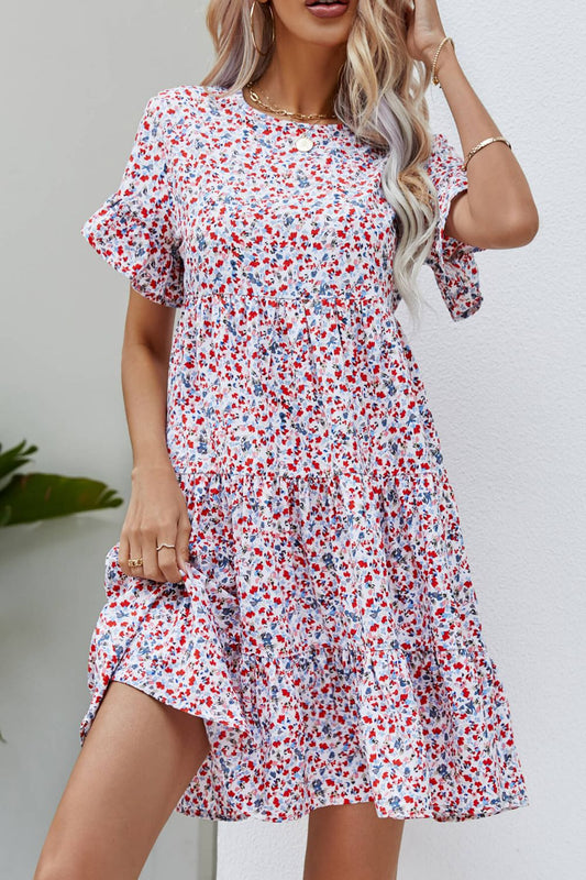 Ditsy Floral Flounce Sleeve Tiered Dress-Angel Casuals