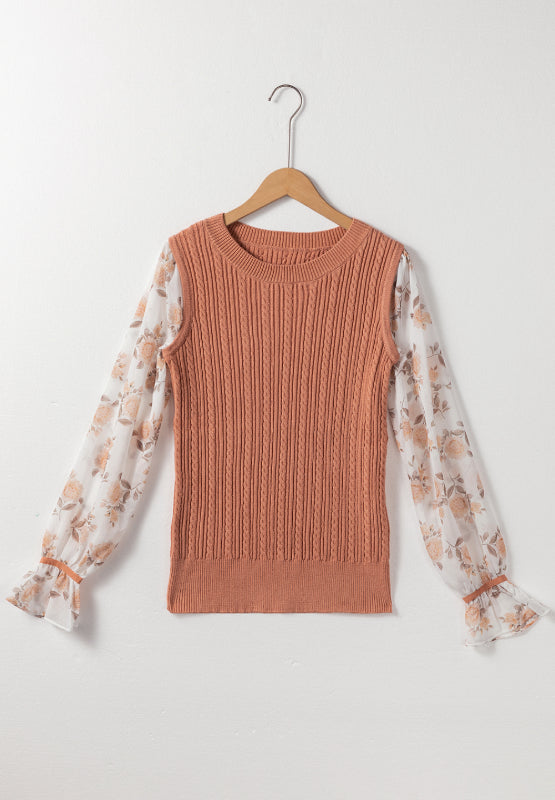 Cable Knit Round Neck Flounce Sleeve Sweater-Angel Casuals