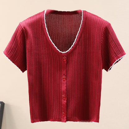 Contrast Decorative Button Short Sleeve Knit Top-Angel Casuals