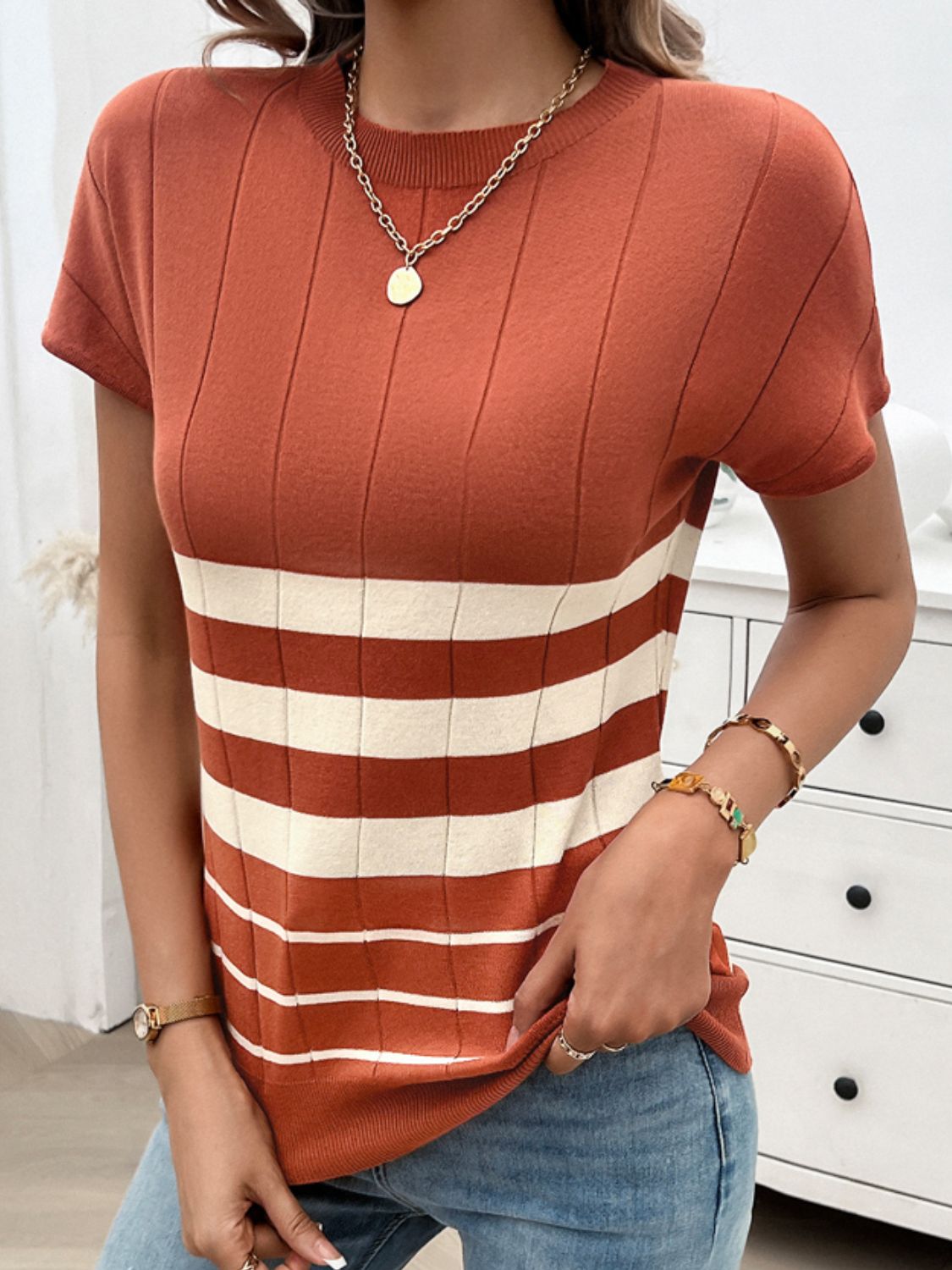 Devine Striped Round Neck Short Sleeve Knit Top-Angel Casuals