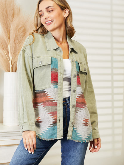 Dropped Shoulder Long Sleeve Printed Denim Jacket-Angel Casuals