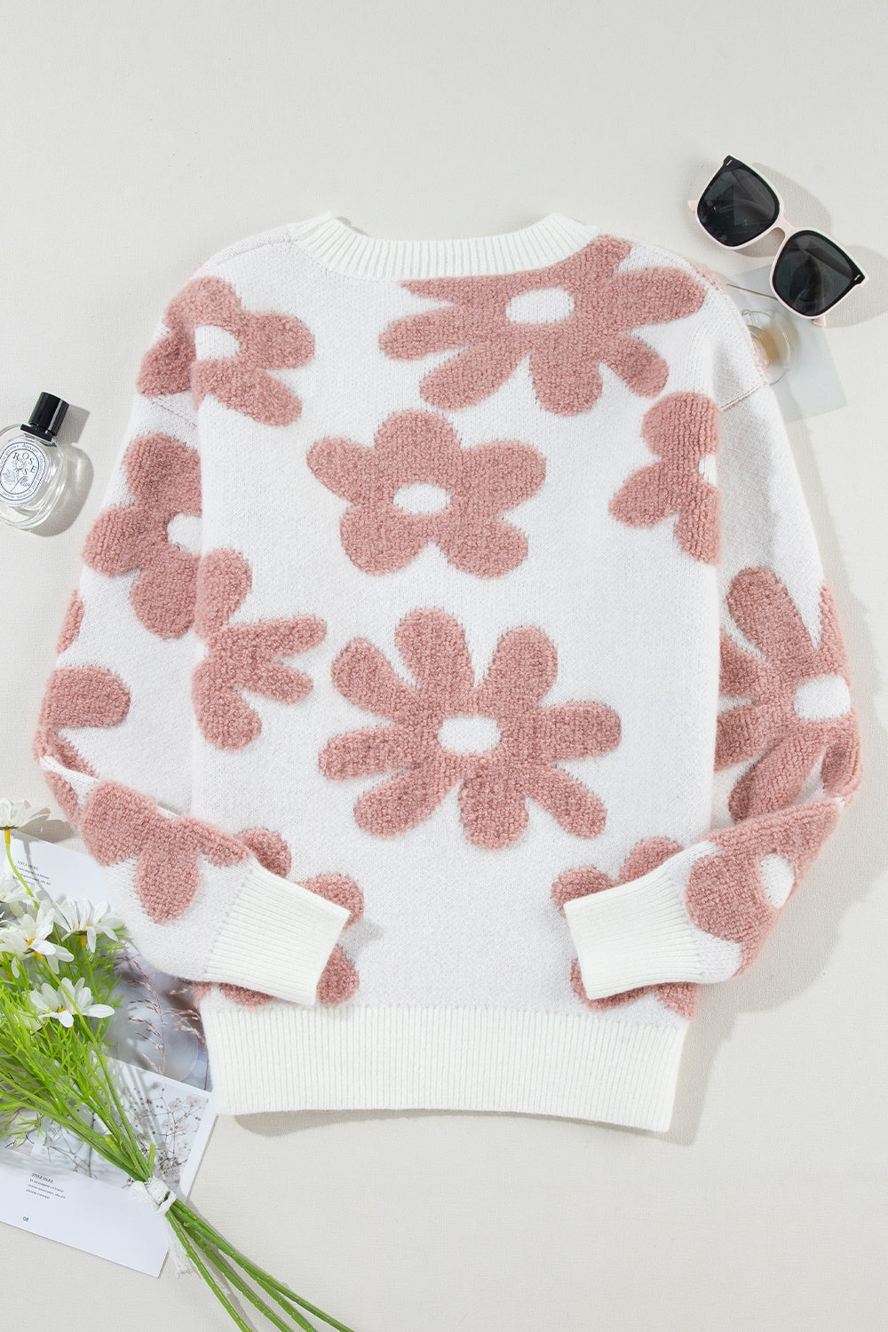 Flower Round Neck Long Sleeve Knit Top-Angel Casuals