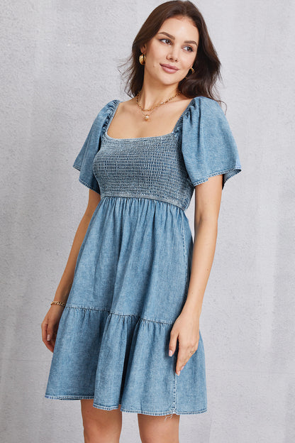 Smocked Square Neck Mini Denim Dress-Angel Casuals