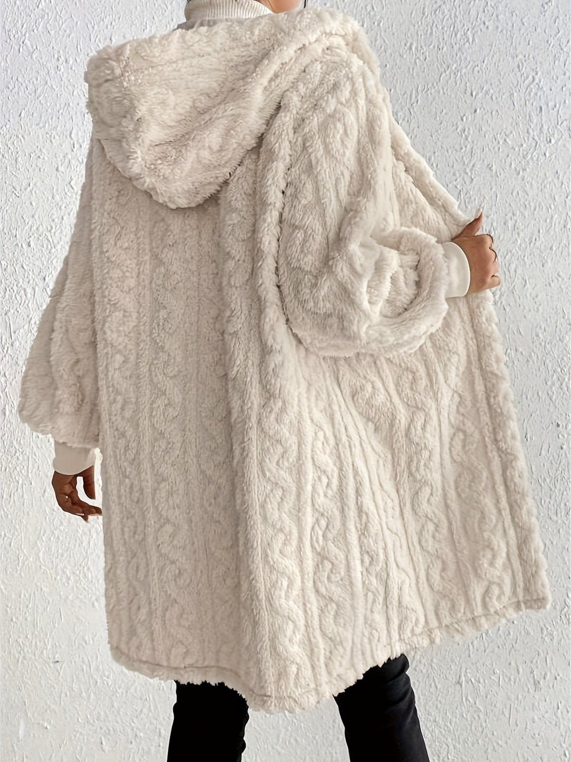 Open Front Long Sleeve Fuzzy Hooded Jacket-Angel Casuals