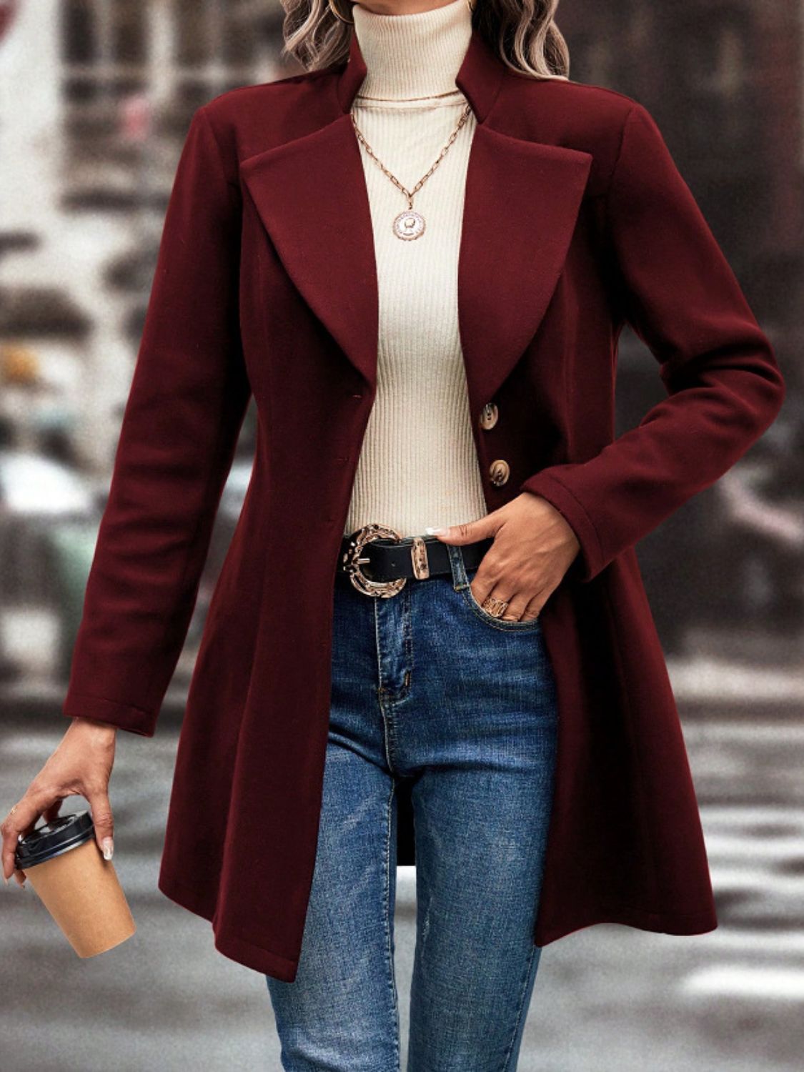 Collared Neck Button Up Long Sleeve Coat-Angel Casuals