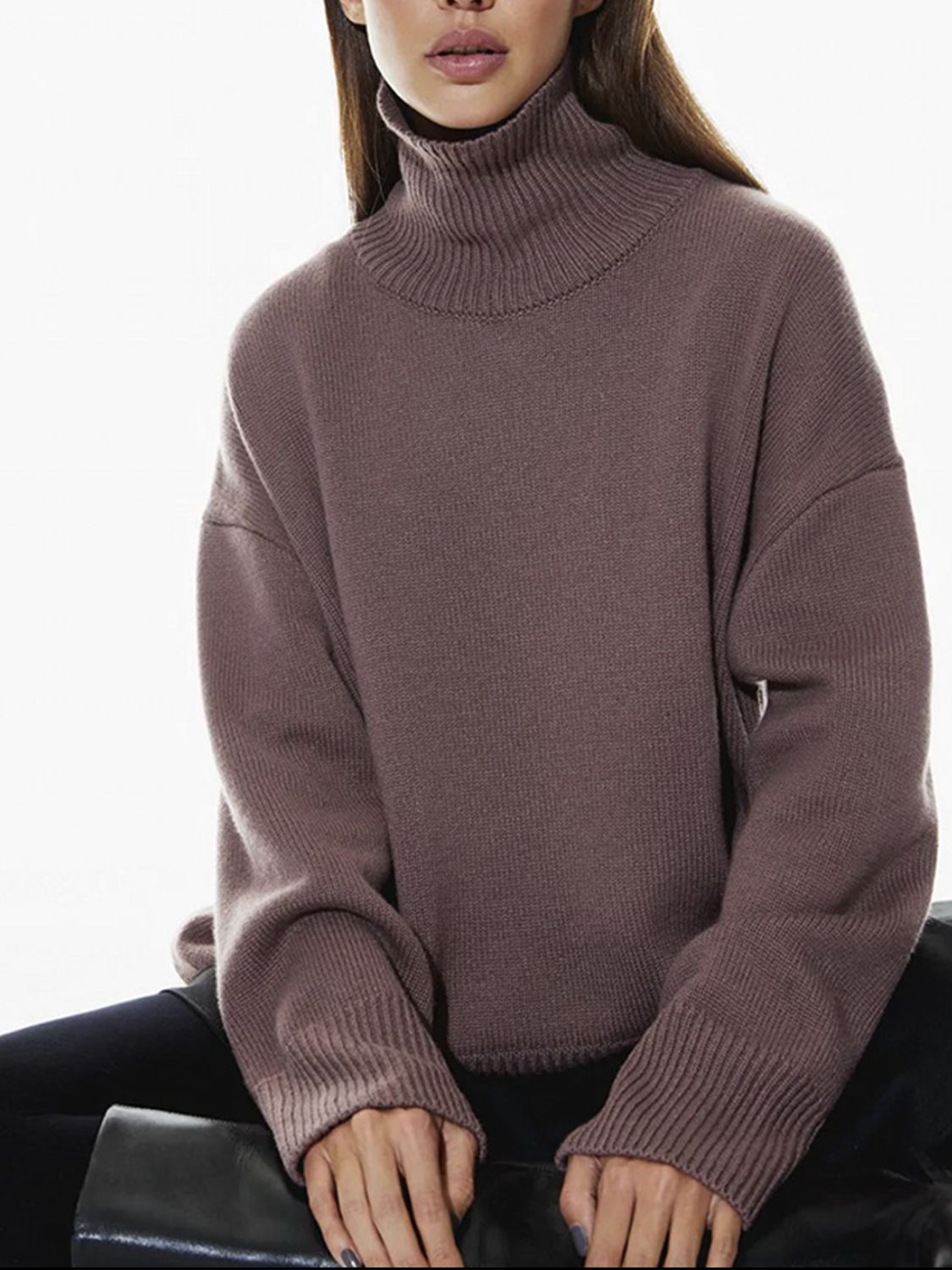 Ribbed Detail Turtleneck Dropped Shoulder Sweater-Angel Casuals