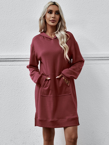 Slit Long Sleeve Hooded Dress with Pocket-Angel Casuals