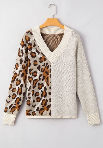 Leopard V Neck Drop Shoulder Sweater-Angel Casuals