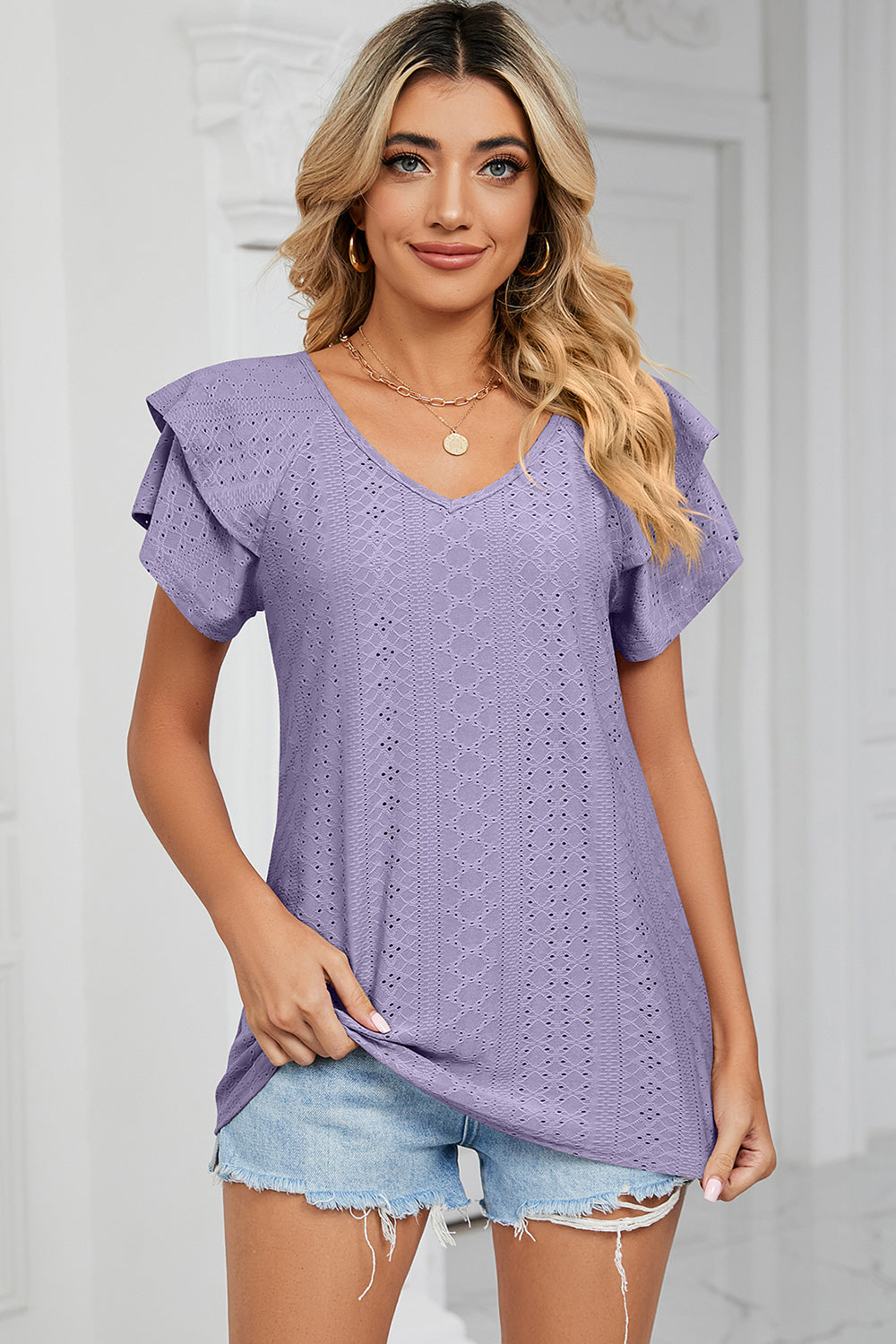 Eyelet V-Neck Short Sleeve T-Shirt-Angel Casuals