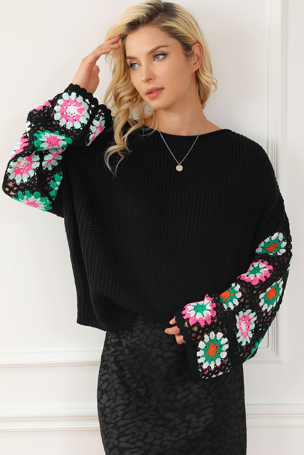 Crochet Round Neck Long Sleeve Knit Top-Angel Casuals