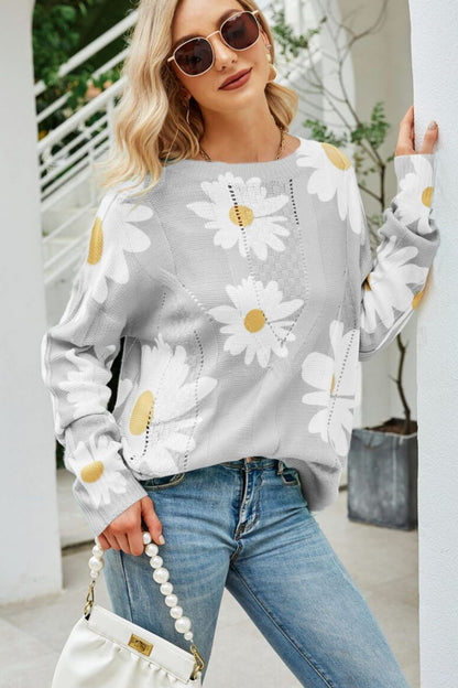 Angel Wings Daisy Print Openwork Round Neck Sweater-Angel Casuals