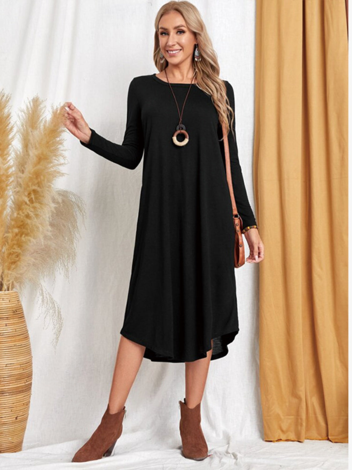 Pocketed Round Neck Long Sleeve Tee Dress-Angel Casuals