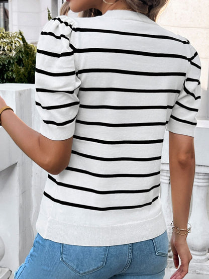 Devine Striped Round Neck Puff Sleeve Knit Top-Angel Casuals